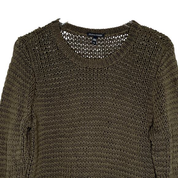 Eileen Fisher L Womens Crew Neck Open Knit Crochet Sweater Olive Green - Picture 4 of 8